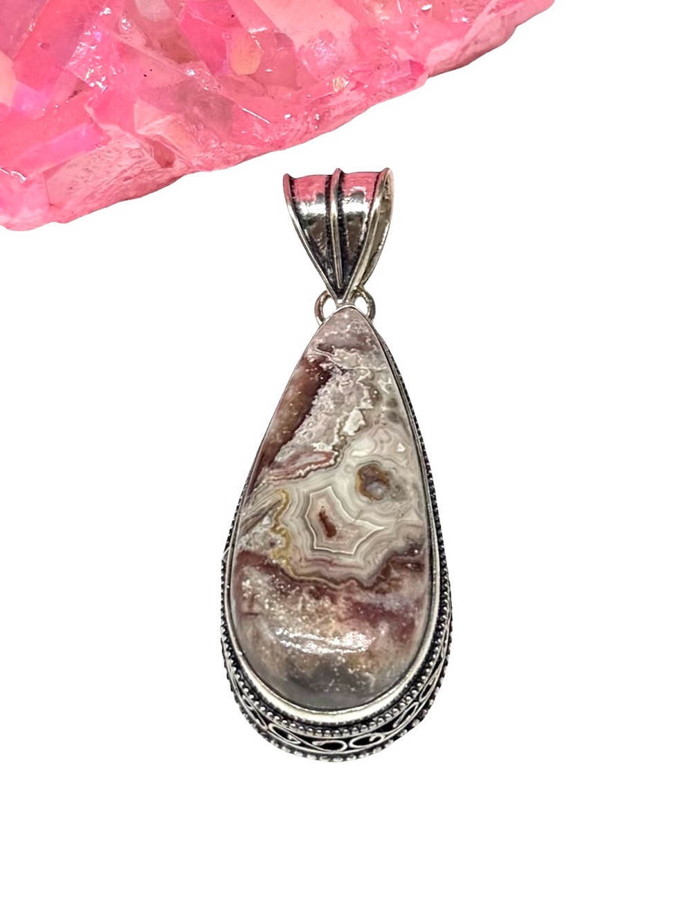 Crazy Lace Agate Necklace Pendant 925 Sterling Silver Overlay